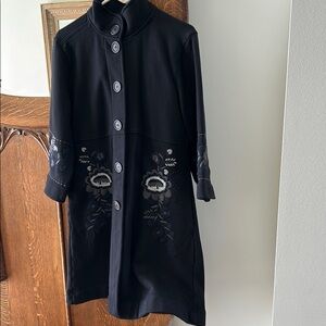 Johnny Was Black Trench Coat with Circular Embellishments